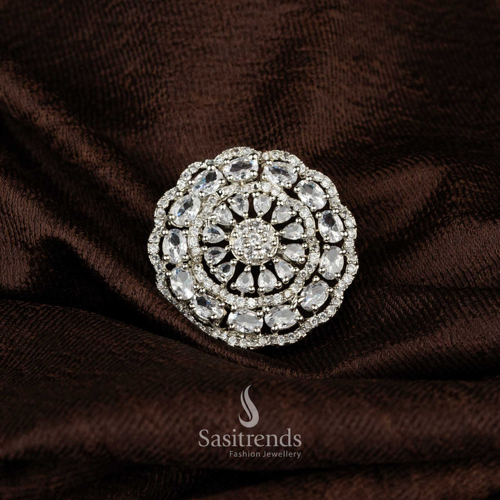 Multi-layered mandala floral diamond statement ring with silver finish - Sasitrends