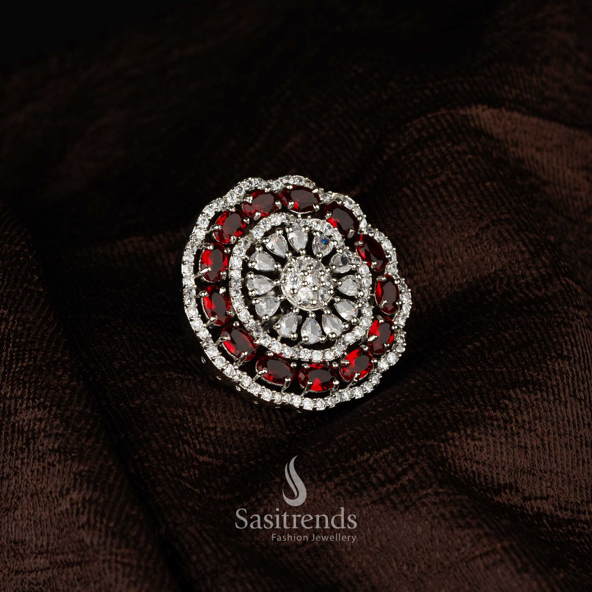 Grand silver finish diamond cocktail ring for party and wedding wear - Sasitrends