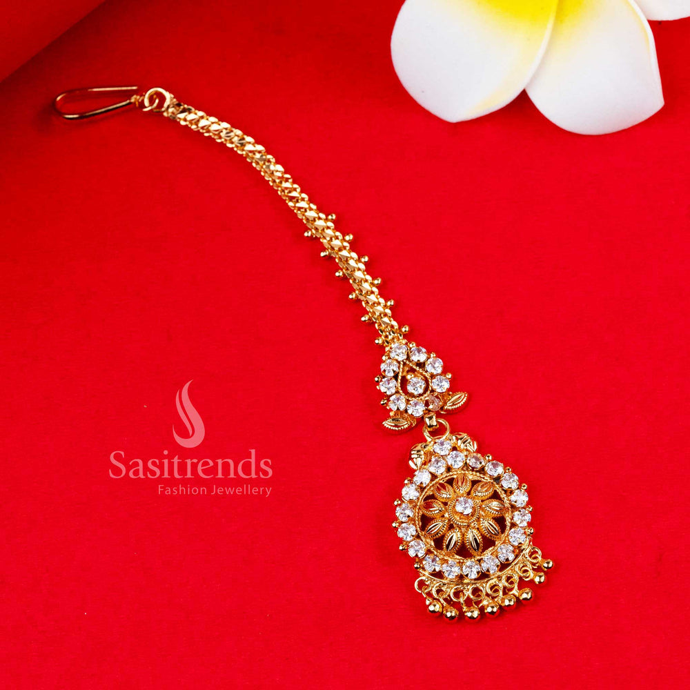 Delicate and graceful white kundan-style floral micro gold plated maang tikka with brilliant AD stones - Sasitrends