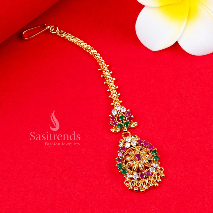 Exquisite Floral Motif Micro Gold Plated Maang Tikka with AD Stones - Trendy Festival Collection | Sasitrends