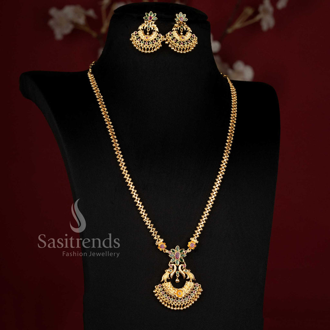 One Gram Micro Gold Plated Peacock AD Stone Long Necklace and Jhumka Set for Women - Sasitrends