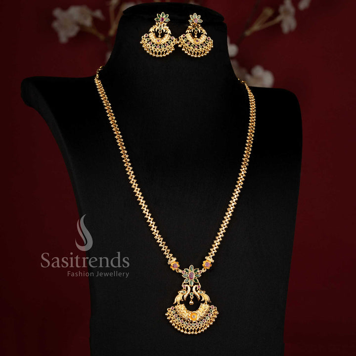 One Gram Micro Gold Plated Peacock AD Stone Long Necklace and Jhumka Set for Women - Sasitrends