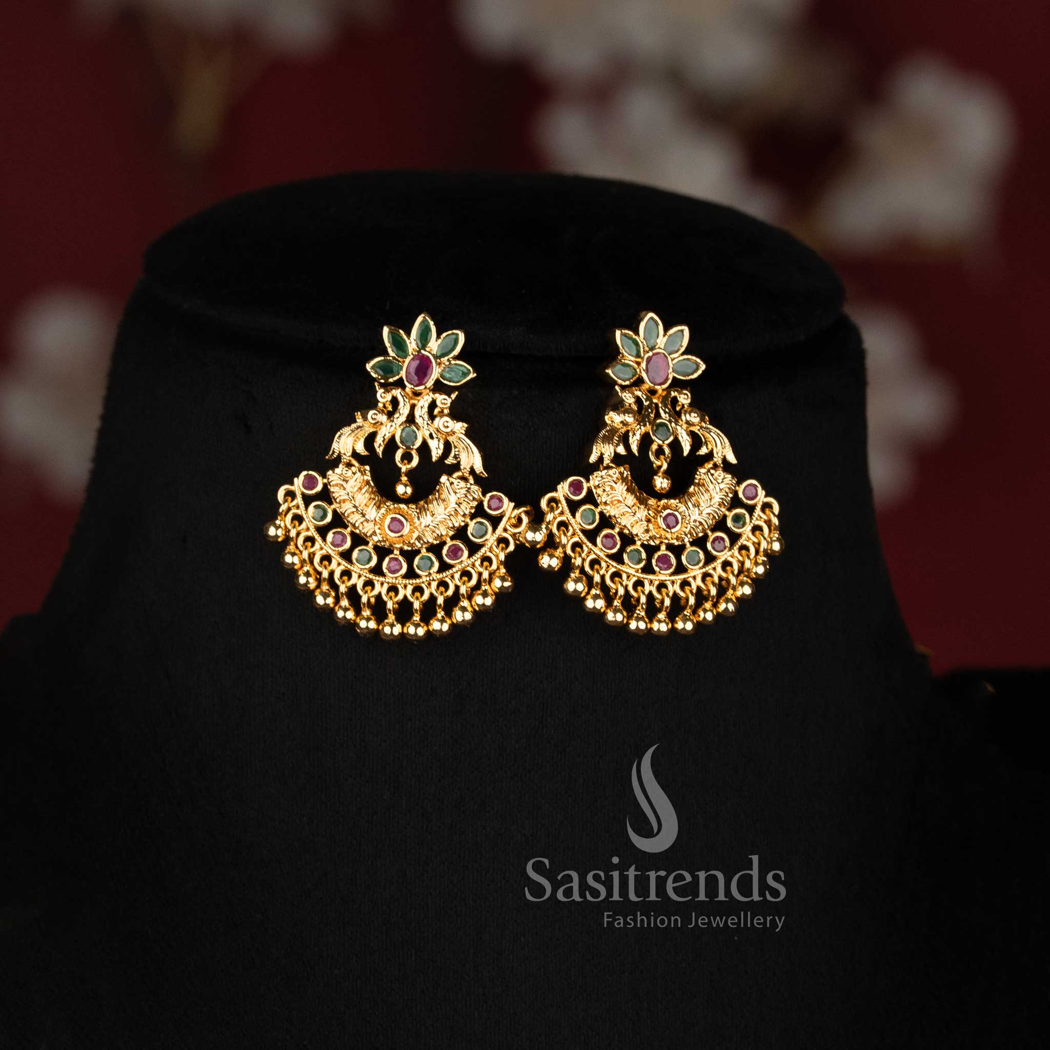 One Gram Micro Gold Plated Peacock AD Stone Long Necklace and Jhumka Set for Women - Sasitrends