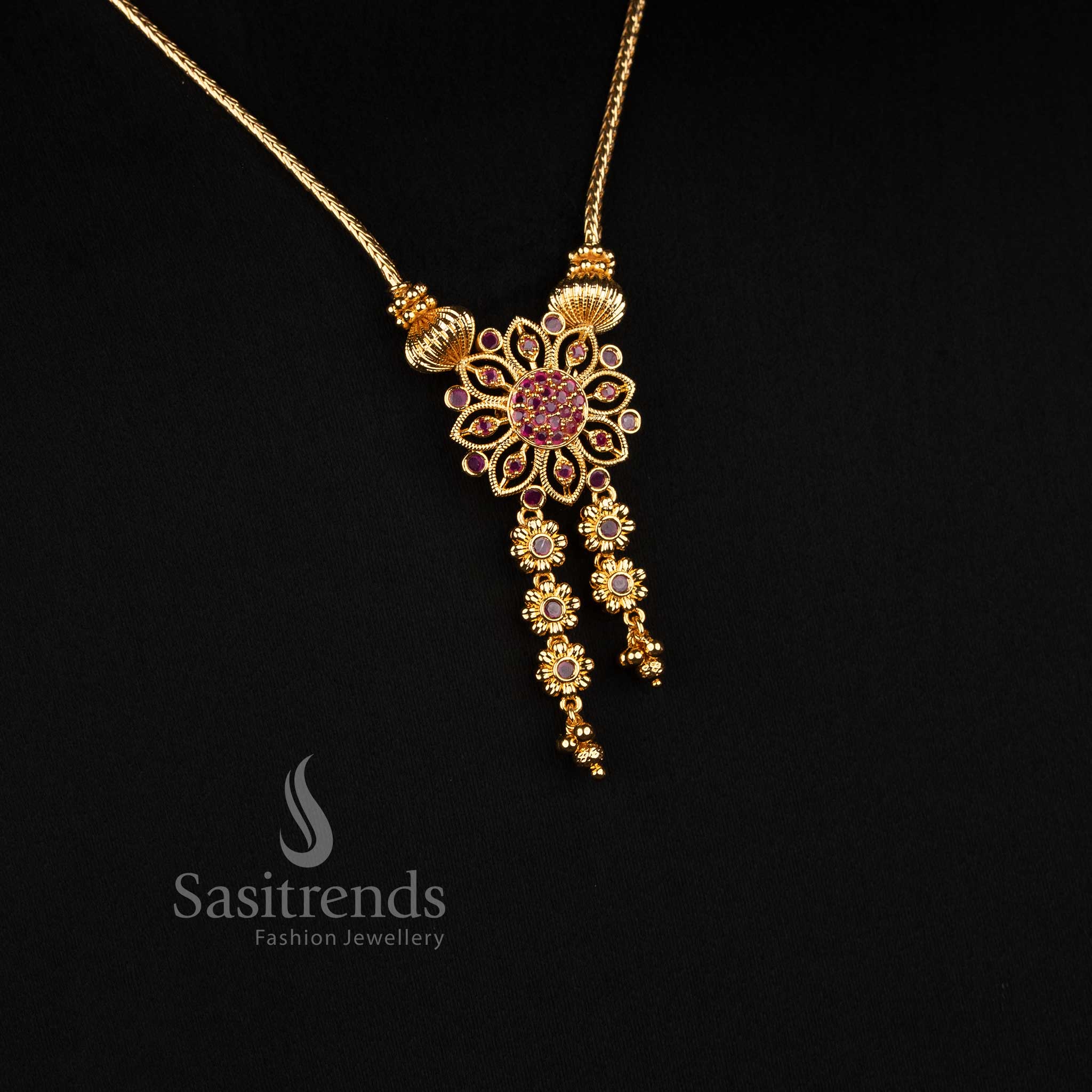 Traditional Micro Gold Plated Floral Tassel Pendant Woven Chain Necklace for Women - Sasitrends