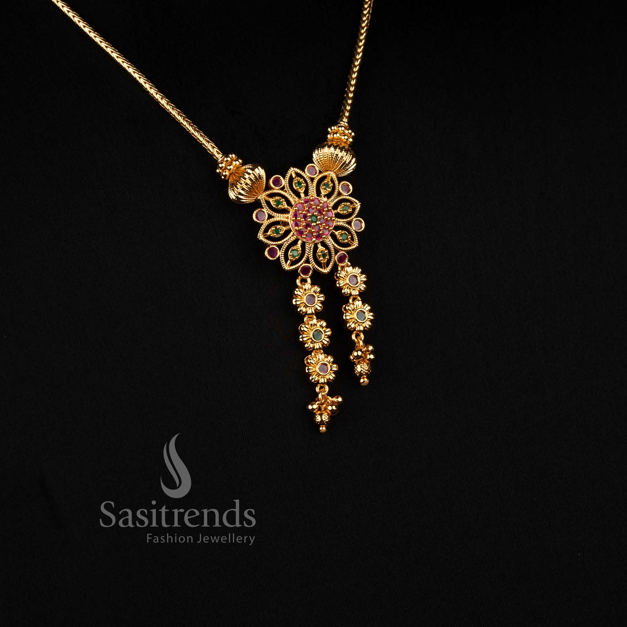 Traditional Micro Gold Plated Floral Tassel Pendant Woven Chain Necklace for Women - Sasitrends