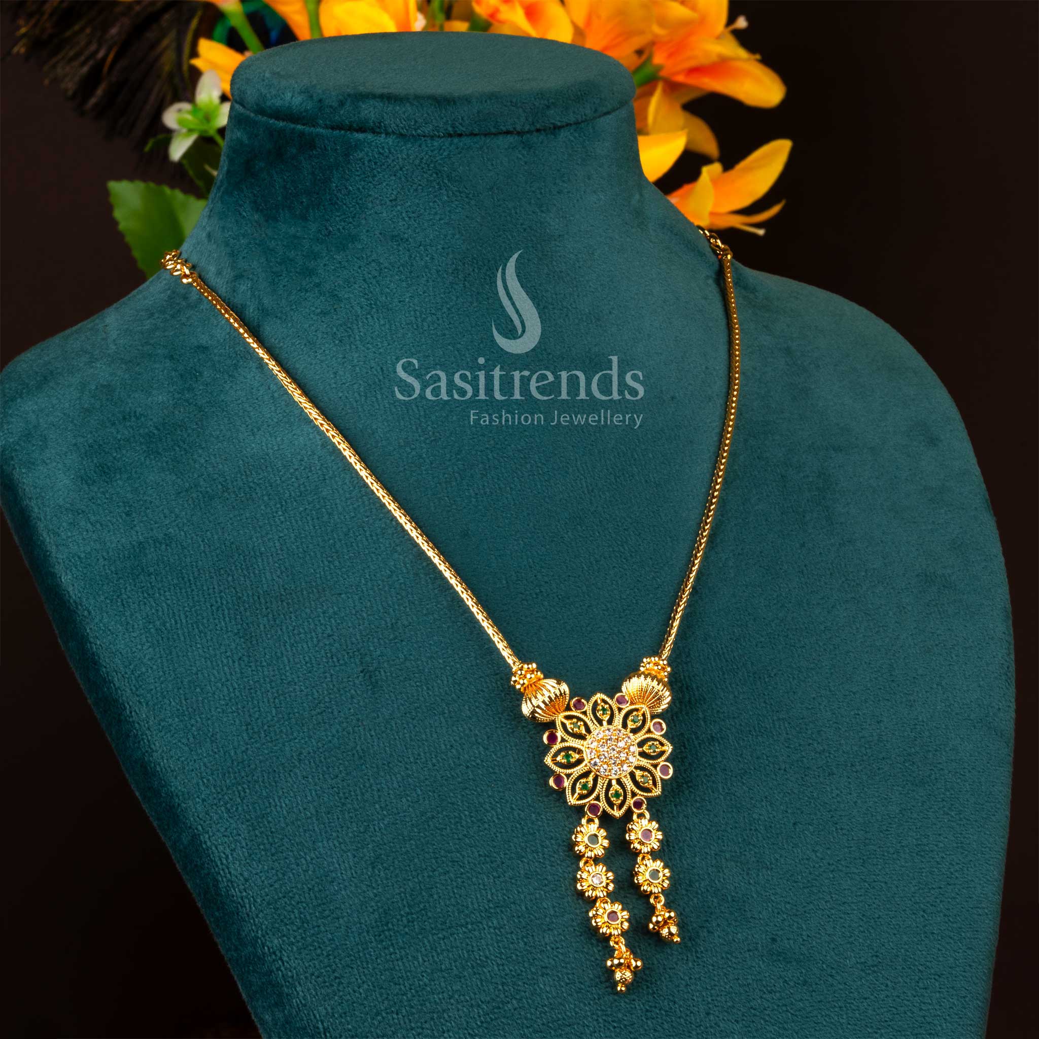 Beautiful One Gram Micro Gold Plated Floral Tassel Pendant Woven Chain Necklace - Sasitrends