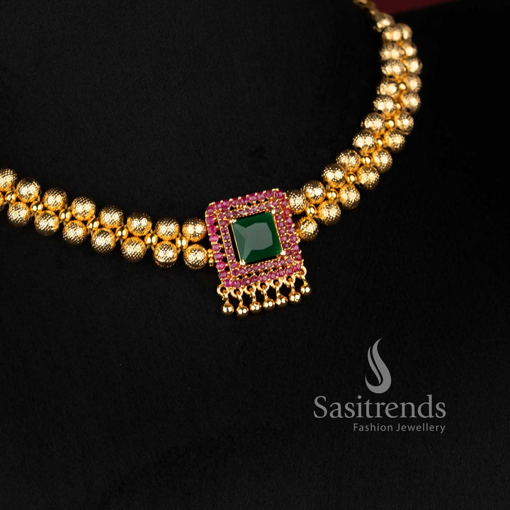 One Gram Micro Gold Plated Square AD Stone Ball Bead Necklace Set for Women - Sasitrends