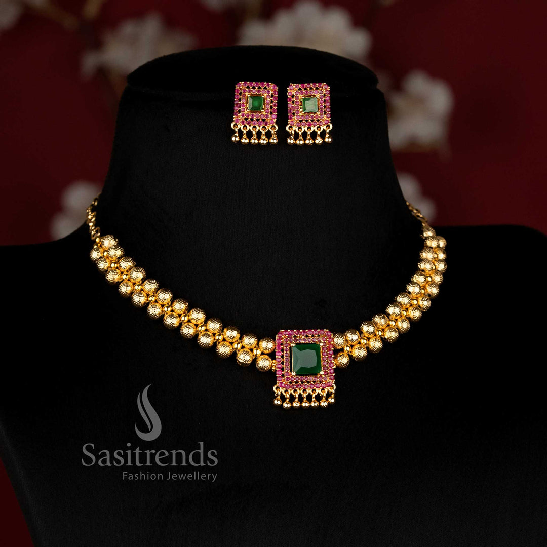 One Gram Micro Gold Plated Square AD Stone Ball Bead Necklace Set for Women - Sasitrends