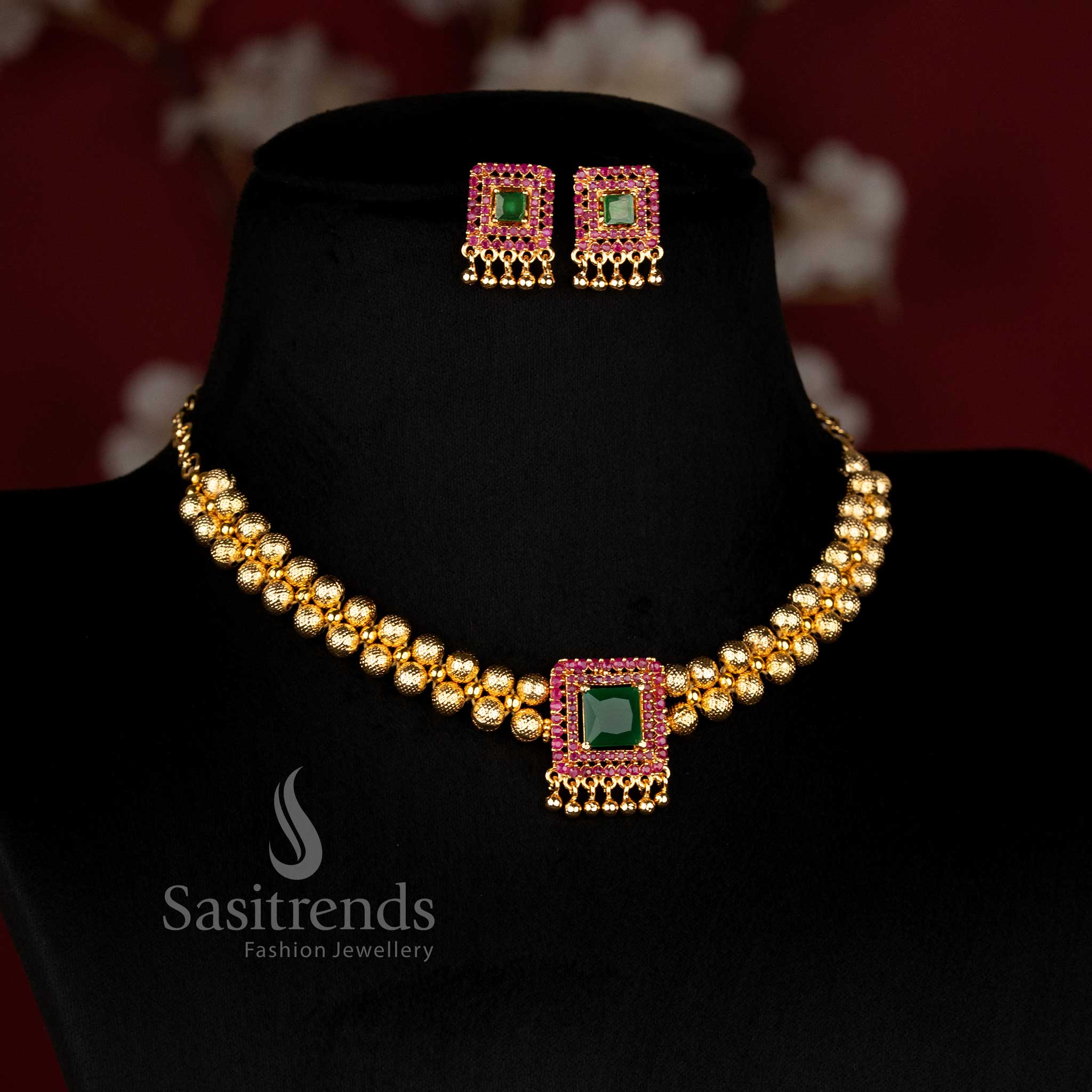 One Gram Micro Gold Plated Square AD Stone Ball Bead Necklace Set for Women - Sasitrends