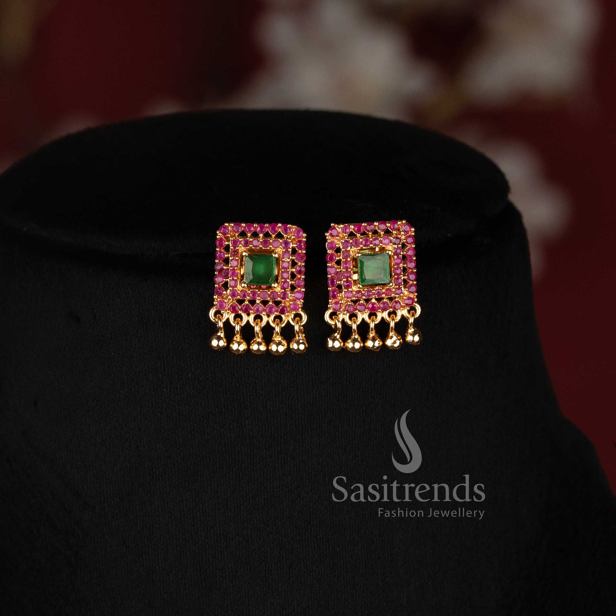 One Gram Micro Gold Plated Square AD Stone Ball Bead Necklace Set for Women - Sasitrends