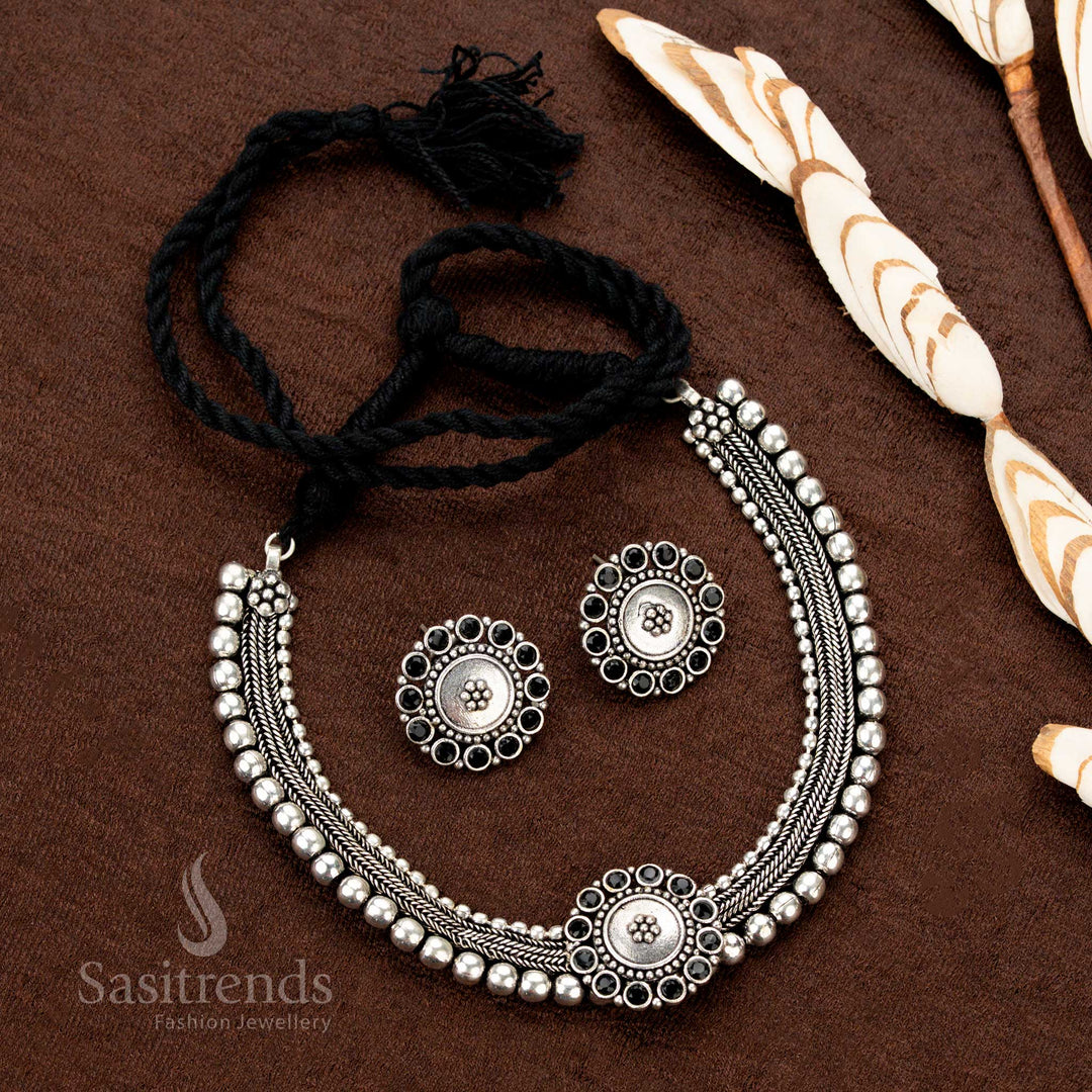 Oxidised Ethnic wear Kolapuri black choker necklace jewellery set, Navarathri wear - Sasitrends