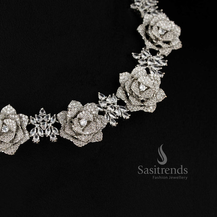 Blush rose opulence radiates through this grand floral design American diamond jewellery set in white with rhodium silver plating, ideal for high society celebrations – Sasitrends