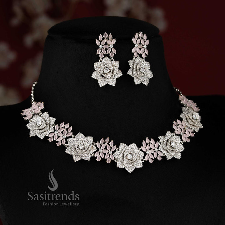 Blush rose opulence radiates through this grand floral design American diamond jewellery set in baby-pink with rhodium silver plating, ideal for high society celebrations – Sasitrends