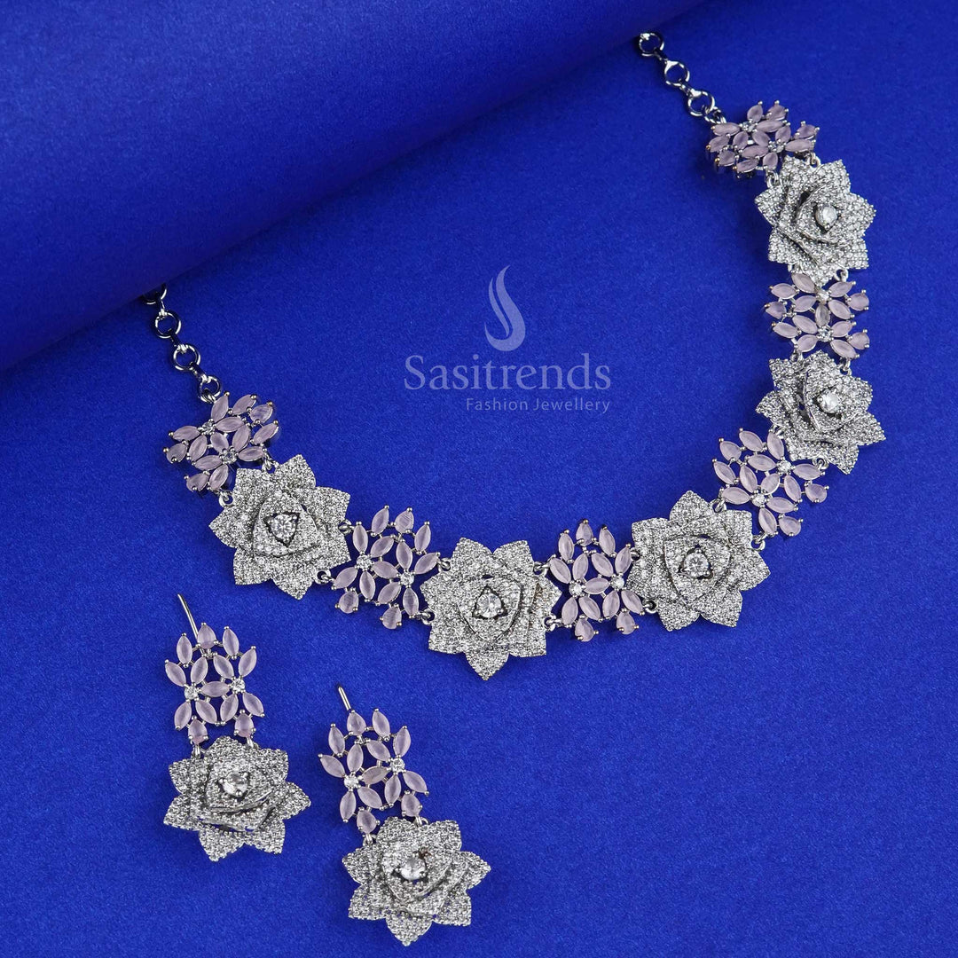 Blush rose opulence radiates through this grand floral design American diamond jewellery set in baby-pink with rhodium silver plating, ideal for high society celebrations – Sasitrends