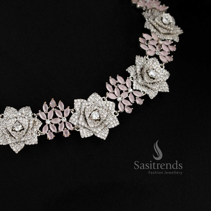 Blush rose opulence radiates through this grand floral design American diamond jewellery set in baby-pink with rhodium silver plating, ideal for high society celebrations – Sasitrends