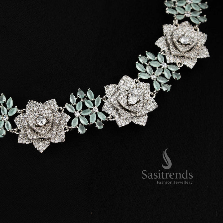 Blush rose opulence radiates through this grand floral design American diamond jewellery set in Mint with rhodium silver plating, ideal for high society celebrations – Sasitrends