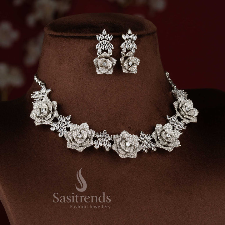 Blush rose opulence radiates through this grand floral design American diamond jewellery set in white with rhodium silver plating, ideal for high society celebrations – Sasitrends