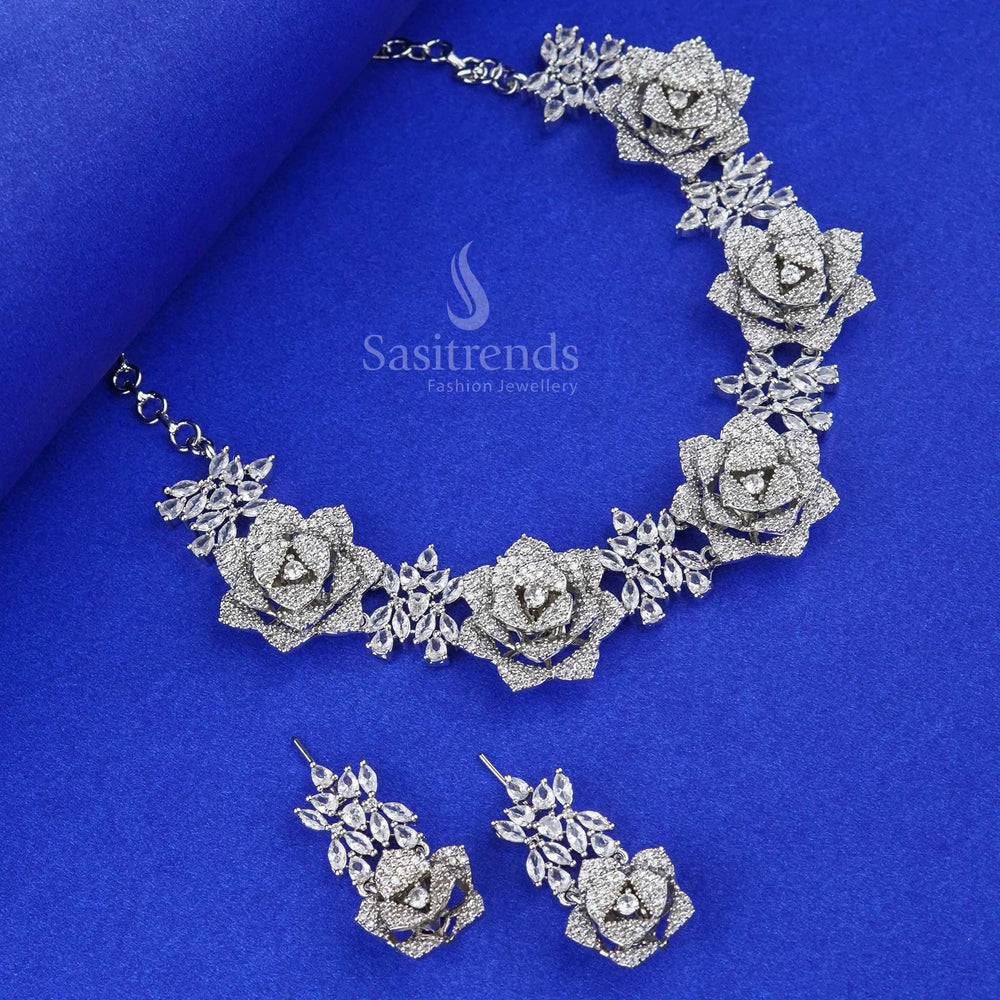 Celestial dream crafted in brilliance – Rhodium silver plated American diamond jewellery set featuring radiant floral artistry and white crystals, perfect for premium celebration moments – Sasitrends