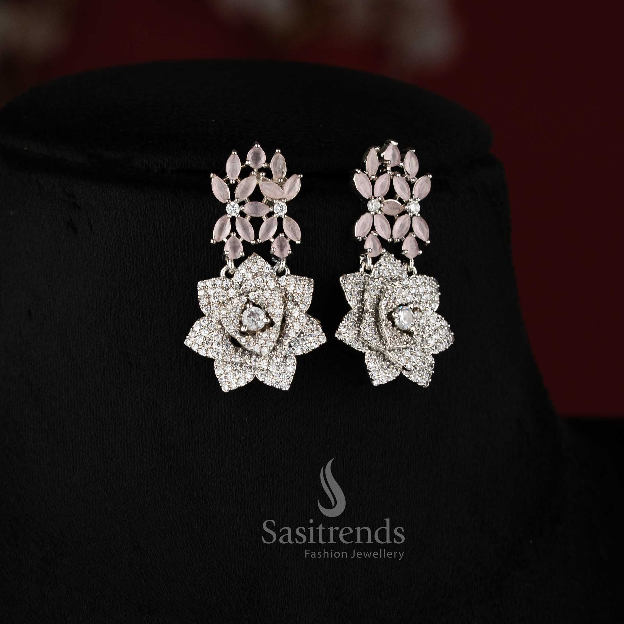 Blush rose opulence radiates through this grand floral design American diamond jewellery set in baby-pink with rhodium silver plating, ideal for high society celebrations – Sasitrends