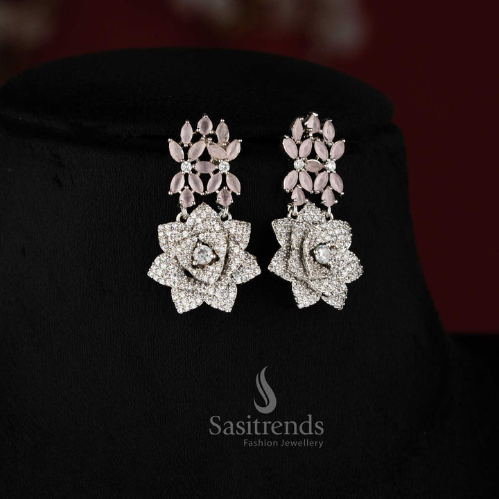 Blush rose opulence radiates through this grand floral design American diamond jewellery set in baby-pink with rhodium silver plating, ideal for high society celebrations – Sasitrends