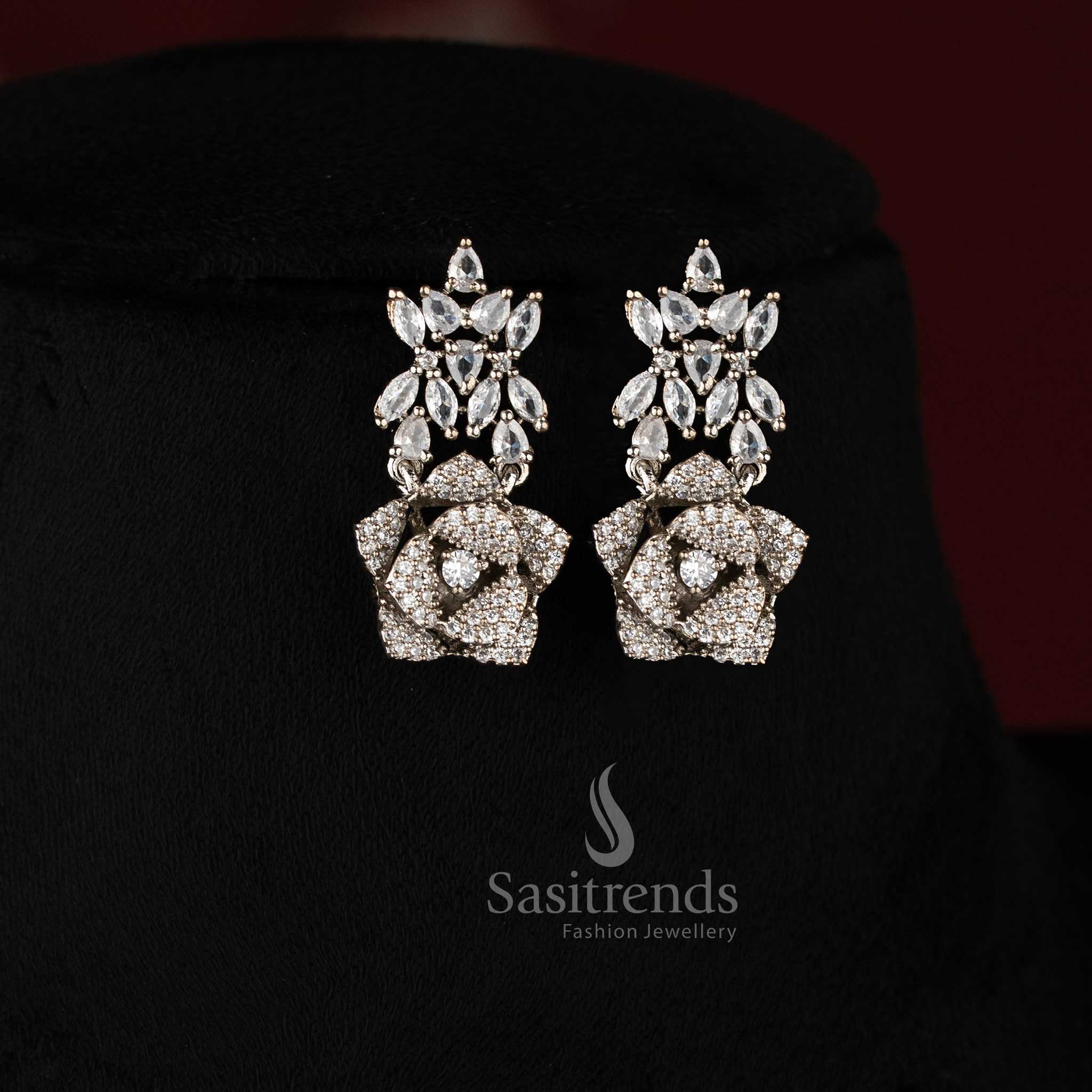 Blush rose opulence radiates through this grand floral design American diamond jewellery set in with rhodium silver plating, ideal for high society celebrations – Sasitrends