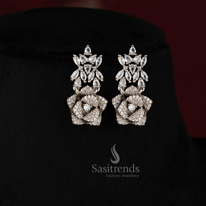 Blush rose opulence radiates through this grand floral design American diamond jewellery set in with rhodium silver plating, ideal for high society celebrations – Sasitrends