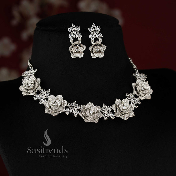 Blush rose opulence radiates through this grand floral design American diamond jewellery set in White with rhodium silver plating, ideal for high society celebrations – Sasitrends