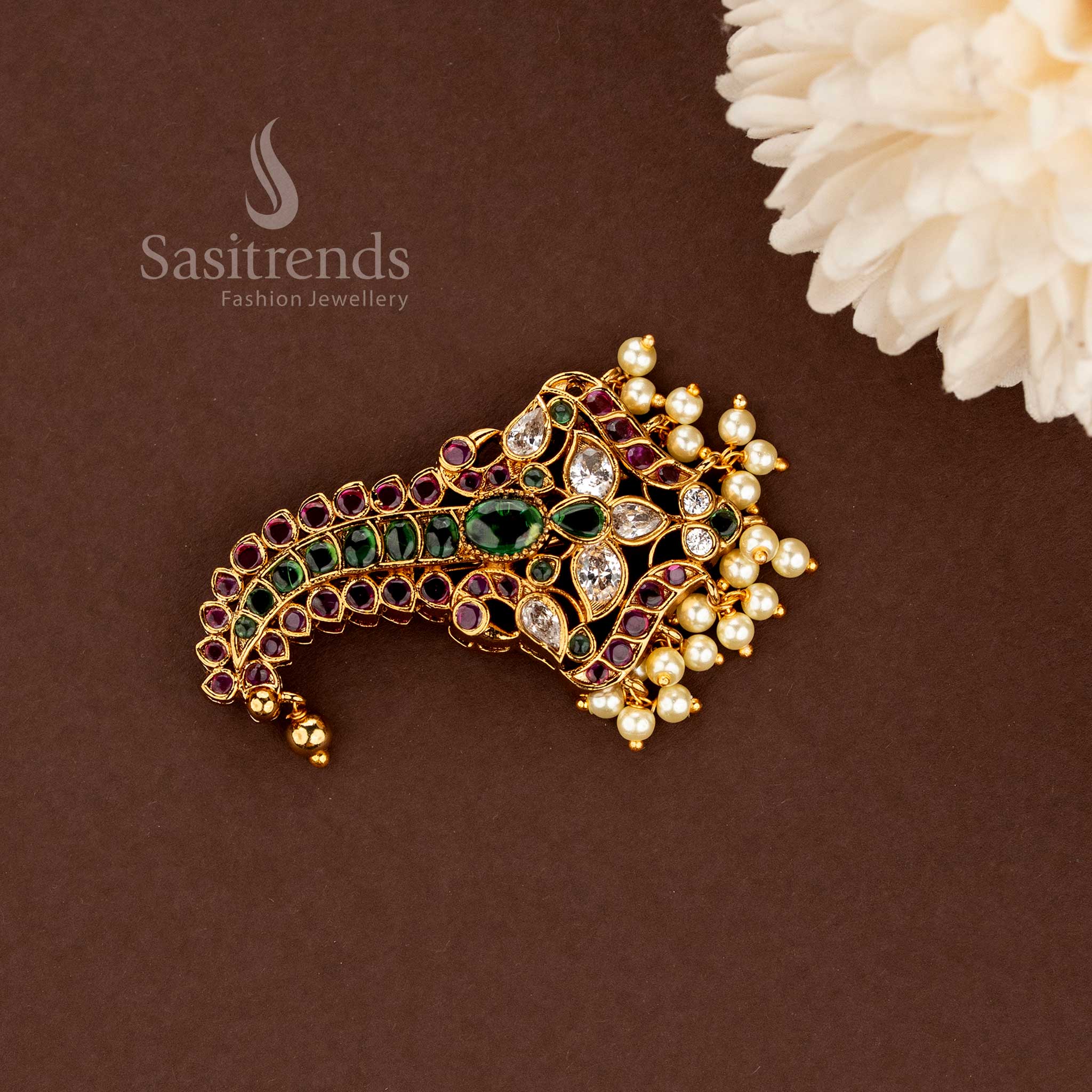 One Gram Micro Gold Plated Mango Paisley AD Stone Saree Pin for Women - Sasitrends