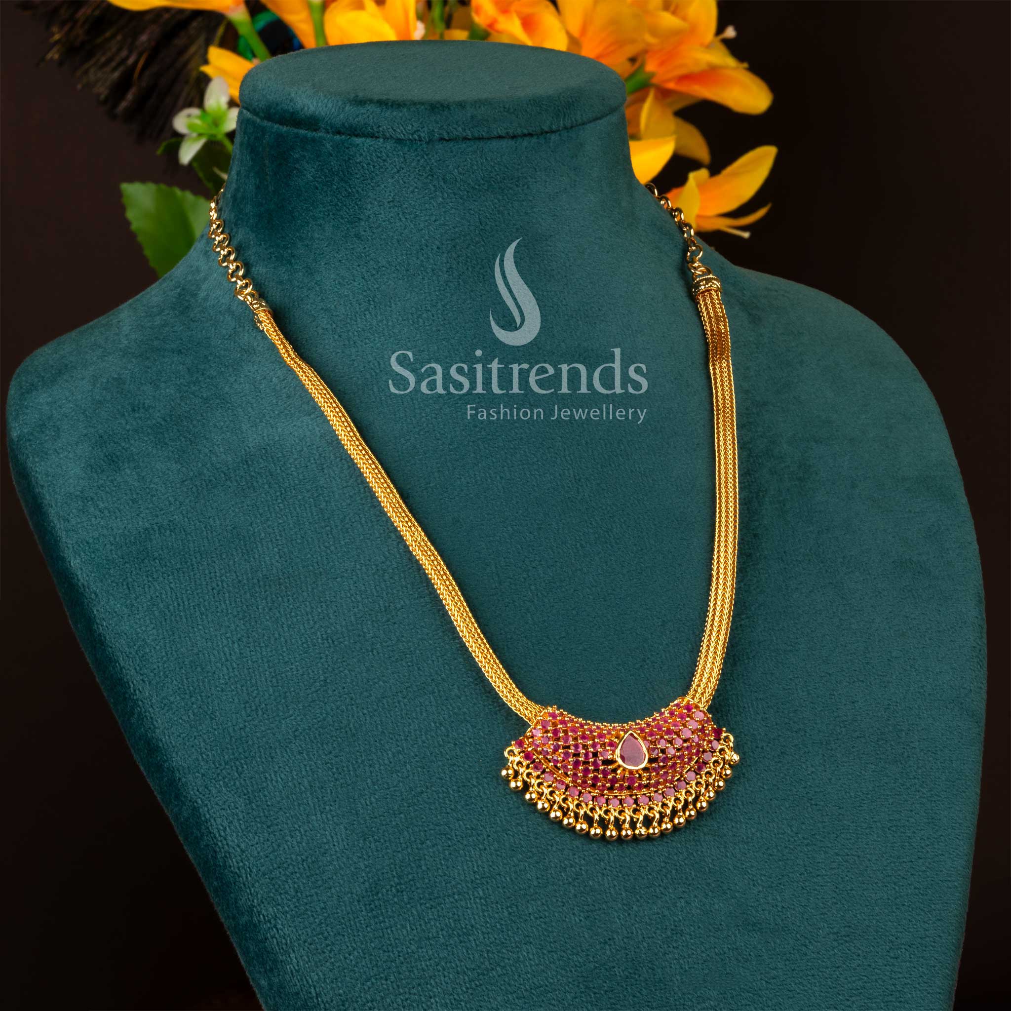 Guaranteed One Gram Micro Gold Plated American Diamond Studded Crescent Pendant Flexible Chain Necklace for women - Sasitrends
