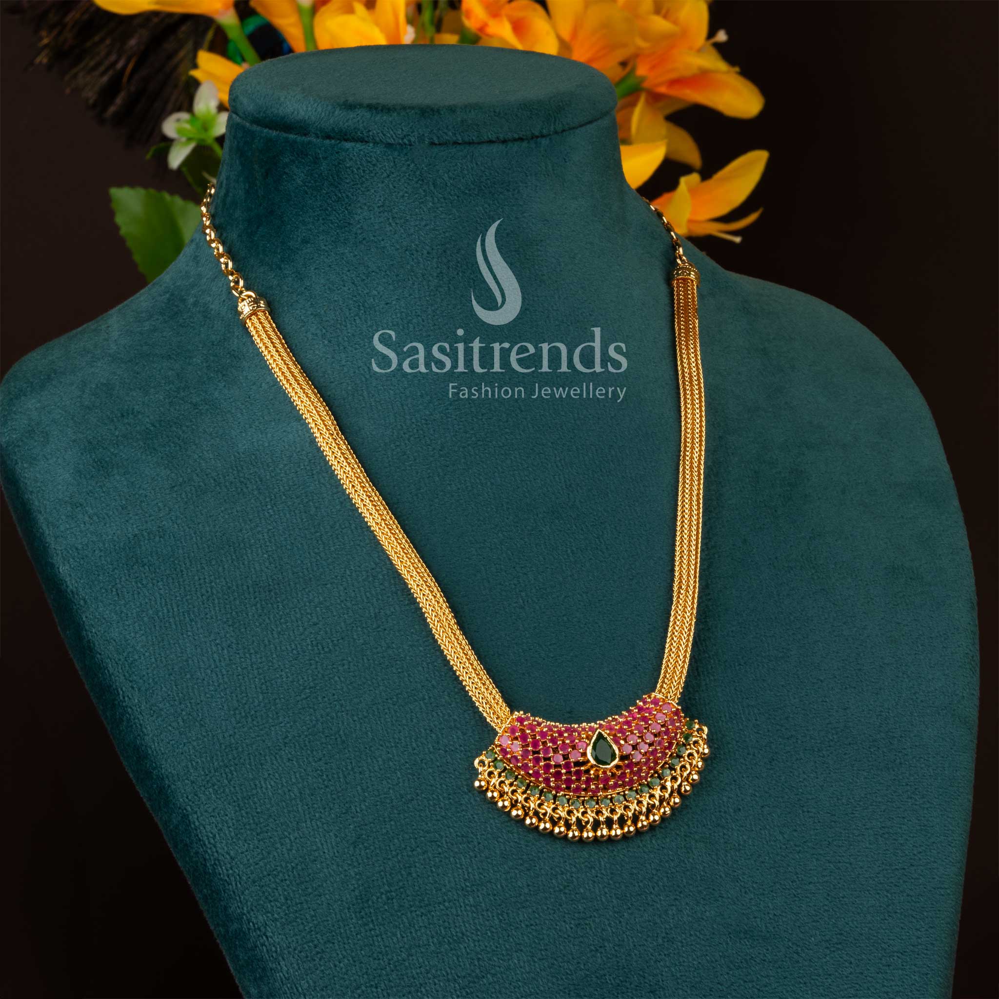 Traditional Guaranteed One Gram Micro Gold Plated crescent pendant necklace for festive wear - Sasitrends