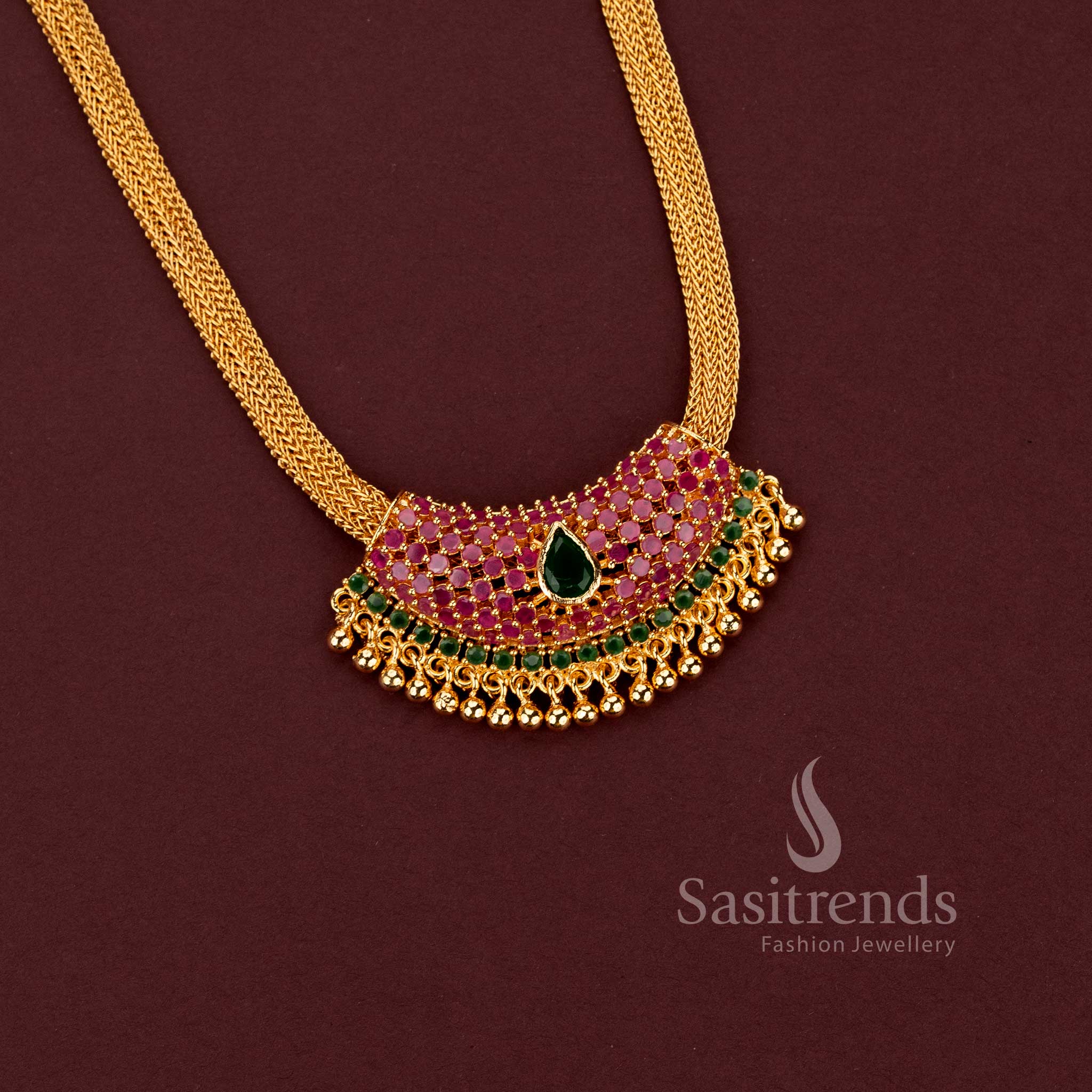 Elegant ruby American Diamond crescent pendant flexible chain necklace looks like real gold – Sasitrends