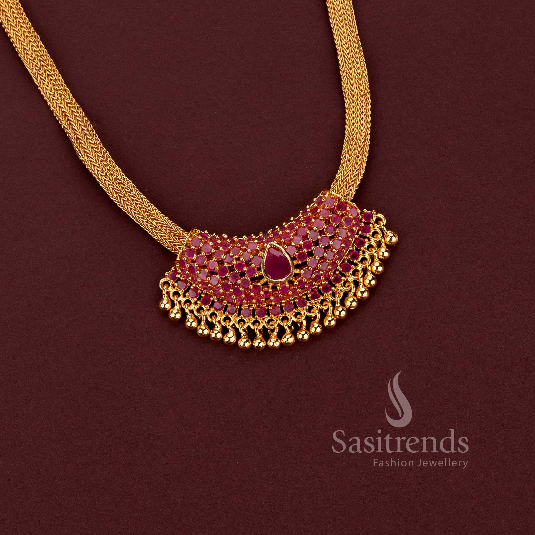 American Diamond ruby crescent pendant flexible chain necklace for festive wear – Sasitrends