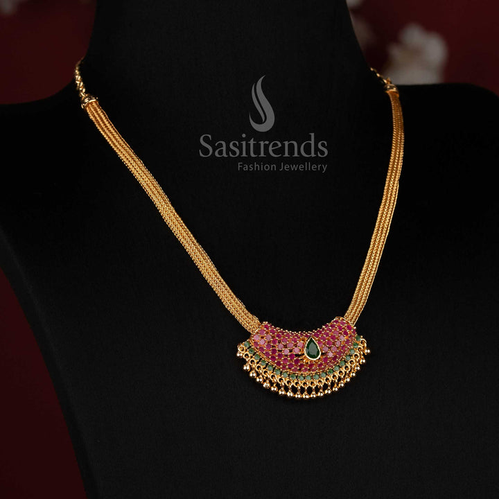 Guaranteed One Gram Micro Gold Plated American Diamond Studded Crescent Pendant Flexible Chain Necklace | Looks Like Real Gold - Sasitrends