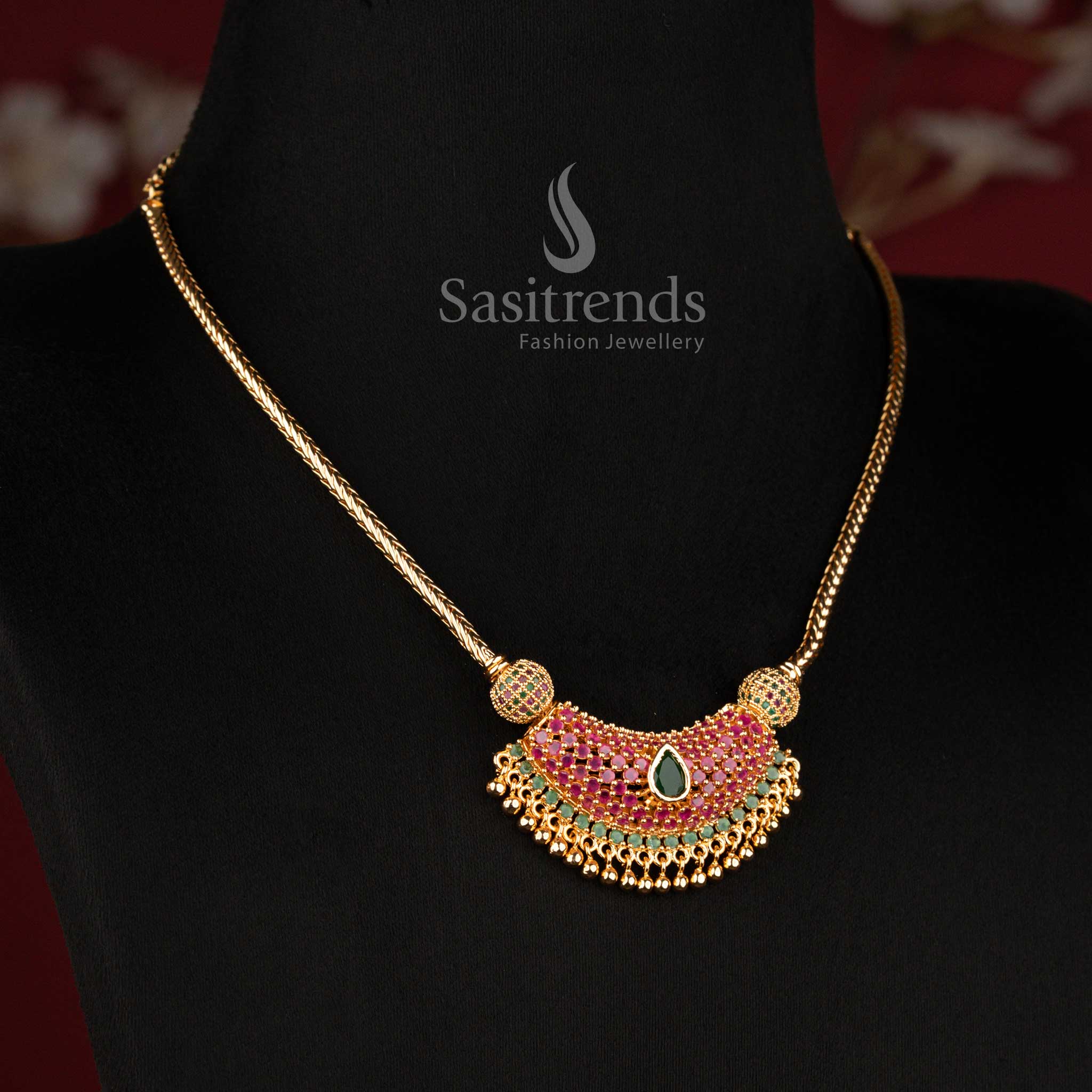 Guaranteed One Gram Micro Gold Plated American Diamond Studded Crescent Pendant Flexible Chain Necklace for women - Sasitrends