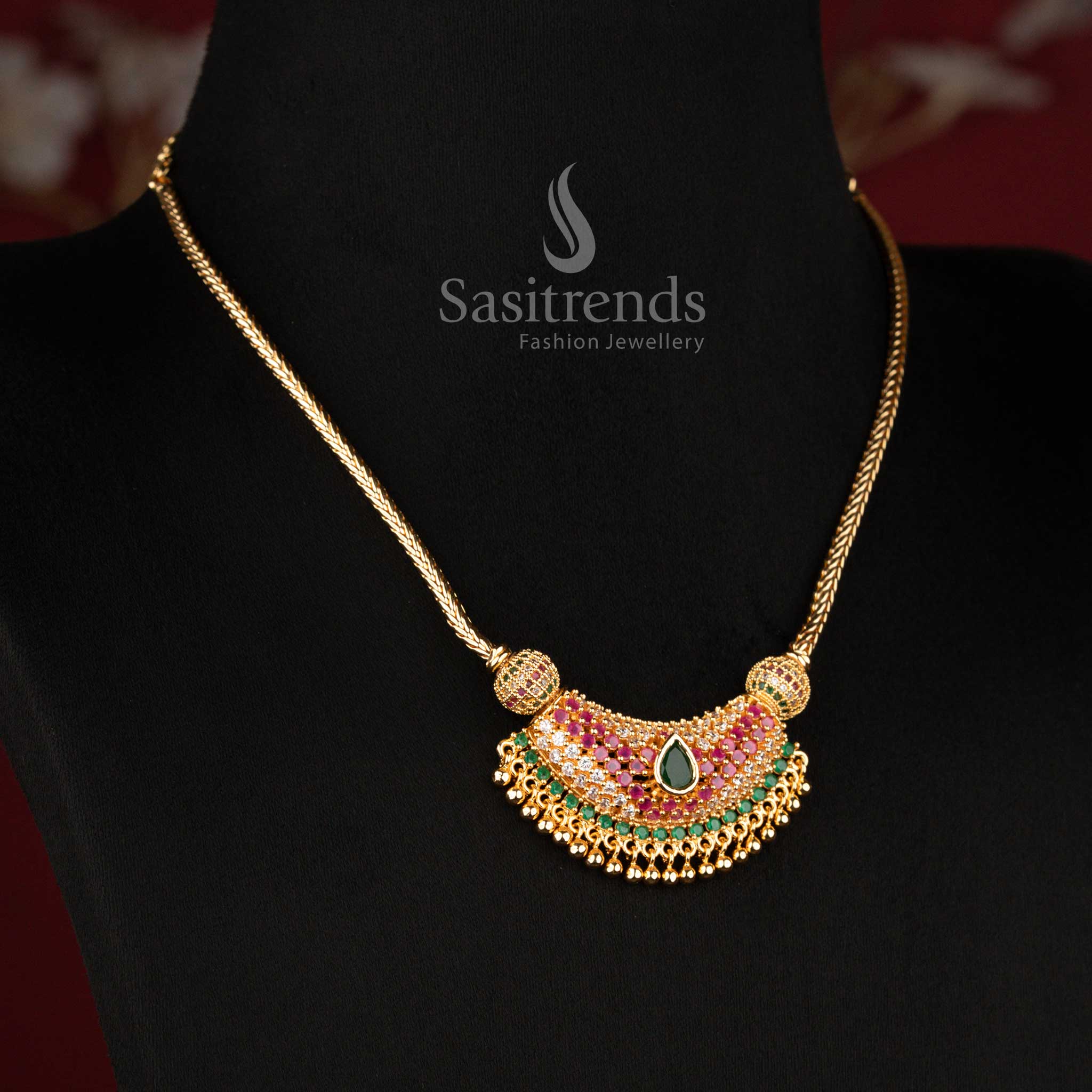 Elegant flexible chain necklace with American Diamond crescent pendant that looks like real gold - Sasitrends