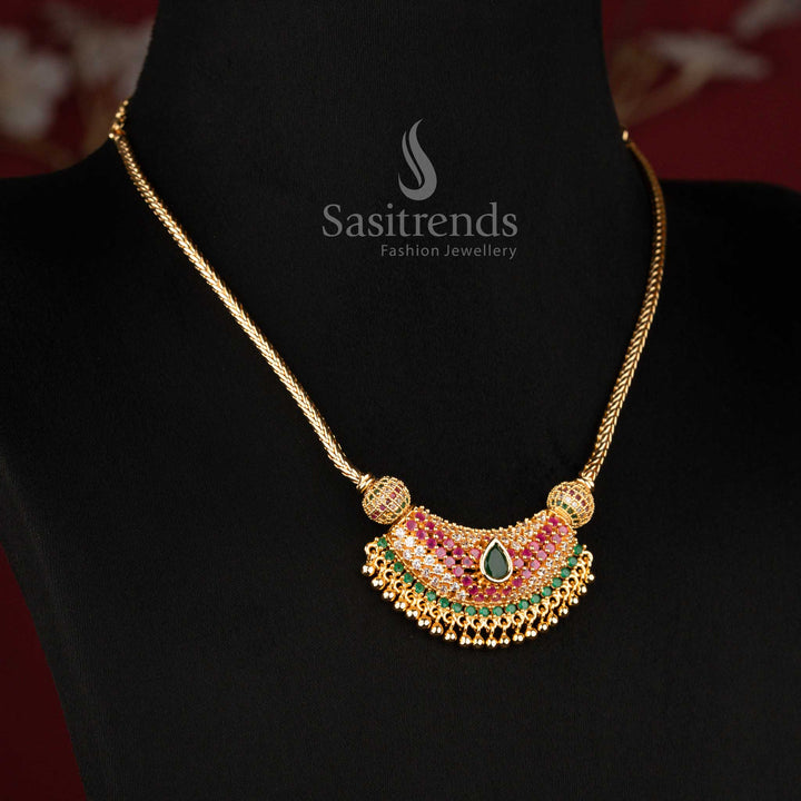Elegant flexible chain necklace with American Diamond crescent pendant that looks like real gold - Sasitrends