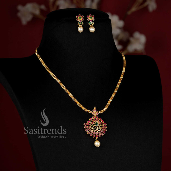 Amazing Micro Gold Plated Floral Cluster American Diamond With Pearl Necklace Set for Festive Wear | Looks Like Real Gold - Sasitrends