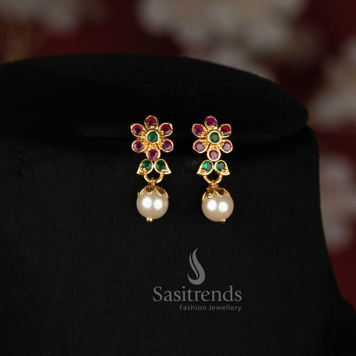 Beautiful Micro Gold Plated Floral Cluster American Diamond Pearl Necklace for Women - Sasitrends
