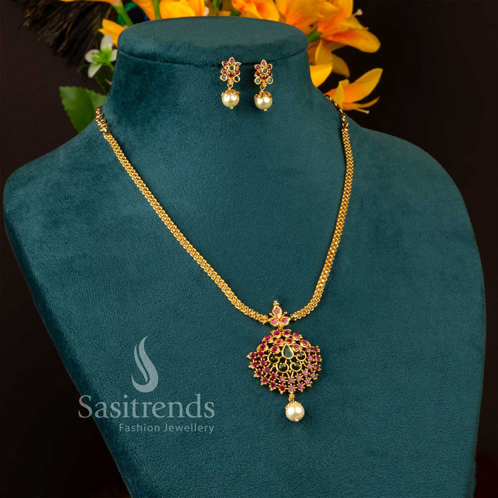 Guaranteed One Gram Micro Gold Plated Floral Cluster American Diamond Pendant Necklace Set - Sasitrends
