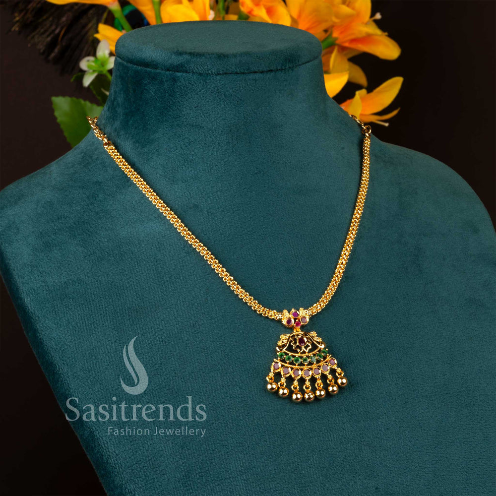 Floral AD Stone Gold Bead Necklace with elegant South Indian craftsmanship - Sasitrends