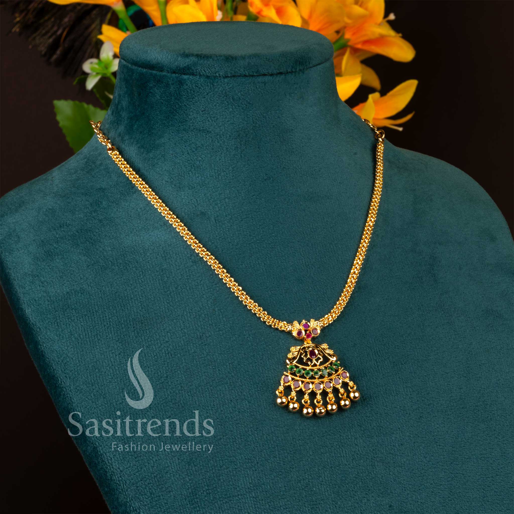 Floral AD Stone Gold Bead Necklace with elegant South Indian craftsmanship - Sasitrends