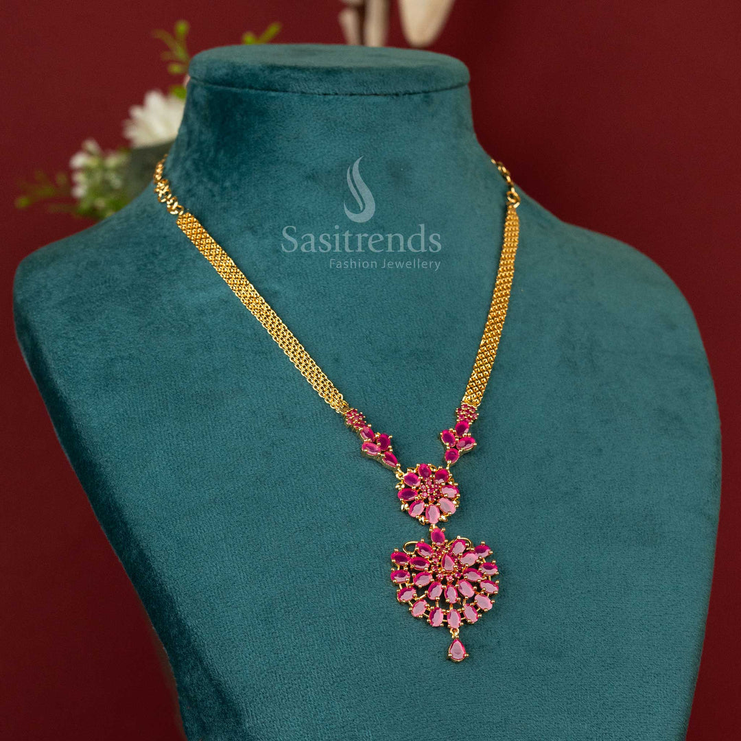 Dazzling ruby floral pendant necklace in one gram gold plating, embedded with sparkling AD stones – crafted for bridal occasions and cultural elegance – Sasitrends