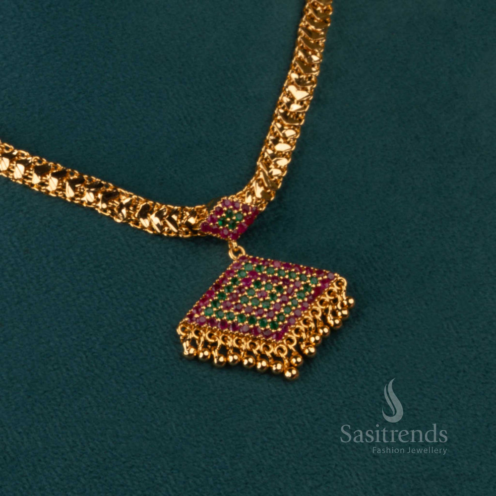Stylish micro gold-plated chain necklace with ruby-green triangular pendant – a delightful one gram traditional wear jewellery set crafted for festive ensembles and bridal poise – Sasitrends