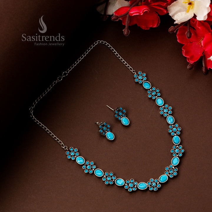 Sky blue floral oxidised stone necklace and earrings set with chic design – perfect for modern ethnic styles – Sasitrends