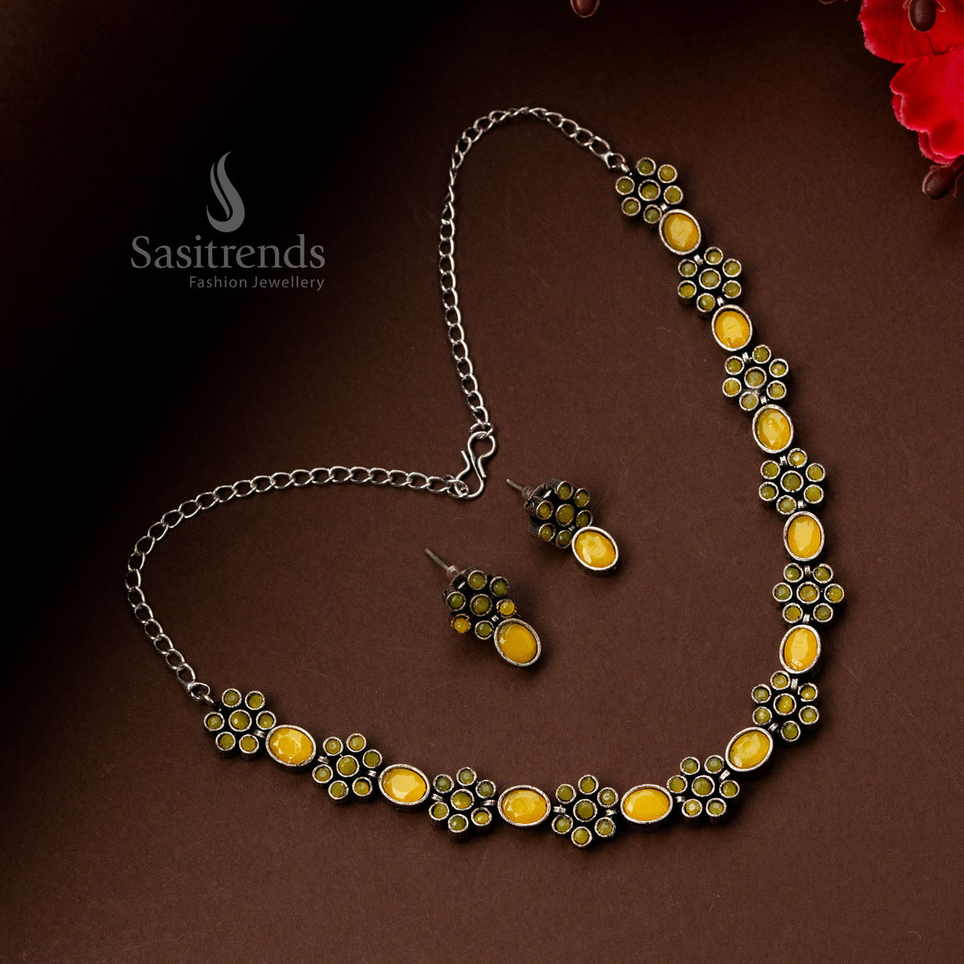 Bright yellow flower motif stone necklace and jhumka set in oxidised silver – traditional fusion look jewellery – Sasitrends
