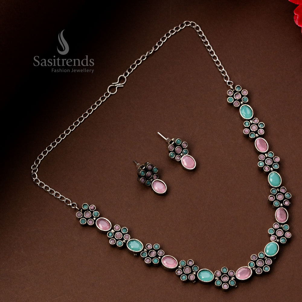 Mint pink twin tone floral stone jewellery set in oxidised silver with jhumkas – cultural elegance redefined – Sasitrends