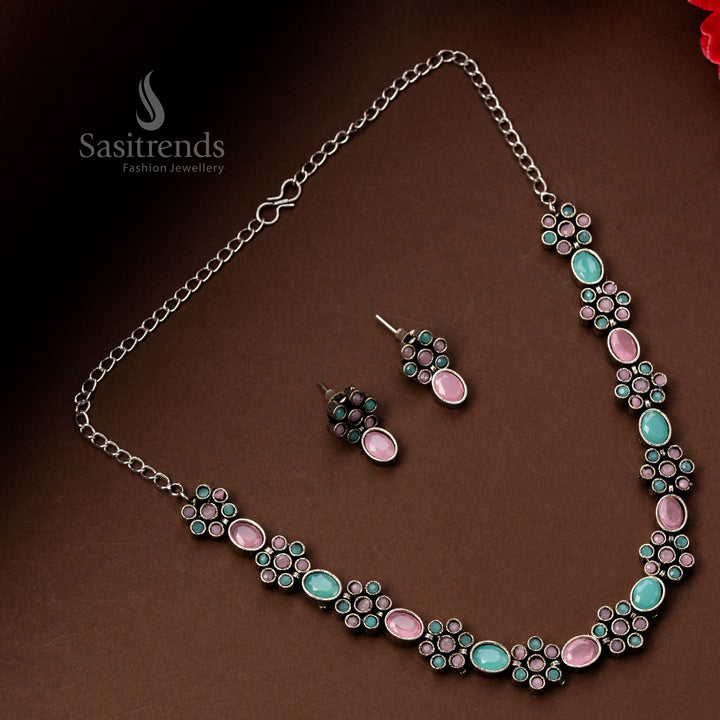 Mint pink twin tone floral stone jewellery set in oxidised silver with jhumkas – cultural elegance redefined – Sasitrends