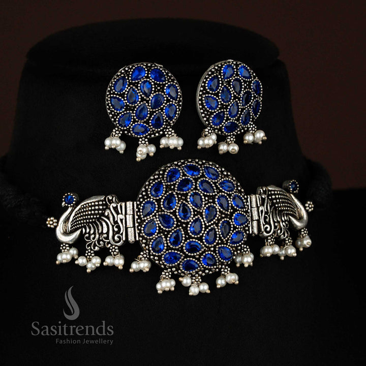 Elegant blue oxidised choker with peacock design and pearl drops, an aesthetic ethnic jewellery set with festive appeal – Sasitrends