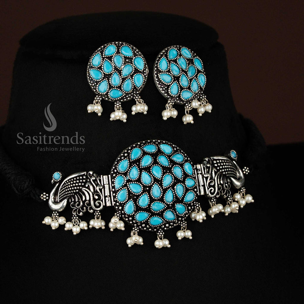 Mint green oxidised silver choker with central peacock design and pearl hangings, a modern-traditional jewellery set – Sasitrends