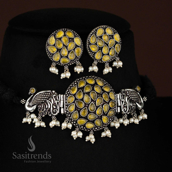 Sunshine yellow oxidised silver peacock choker with pearl drops and matching earrings, a cultural festive jewellery set – Sasitrends